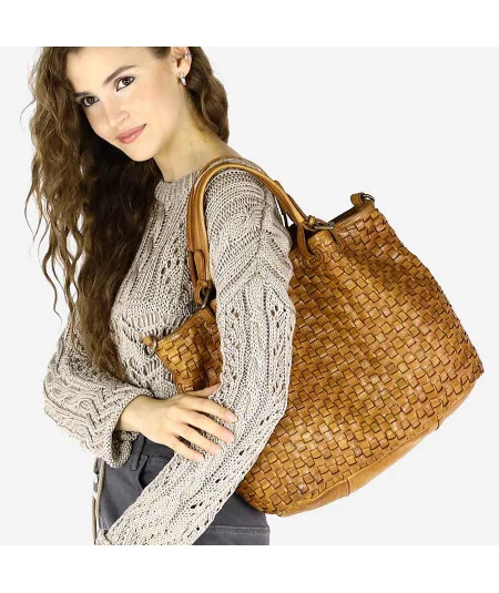 MARCO MAZZINI Dámska pletená kožená taška | hnedá camel