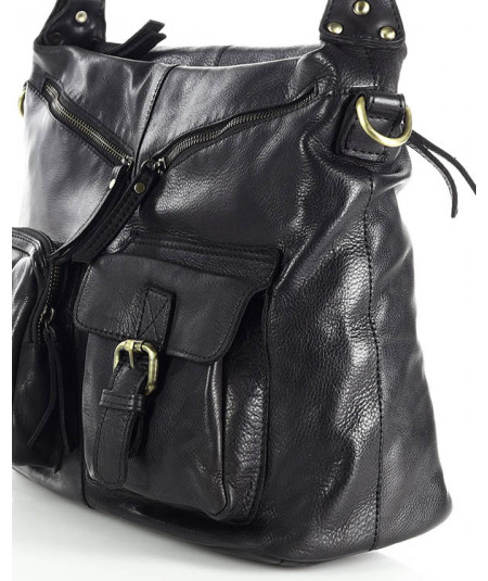 MARCO MAZZINI Dámska kožená taška s vreckami | čierna