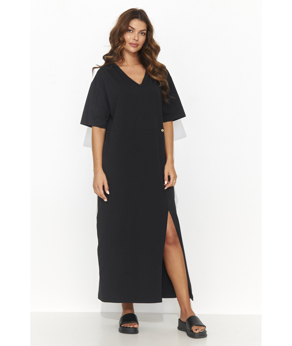 Numinou Bavlnené maxi oversize šaty s rozparkom NU466 | čierna