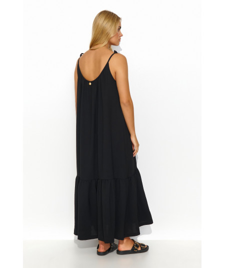 Makadamia Dlhé voľné šaty s viazanými ramienkami M836 | čierna