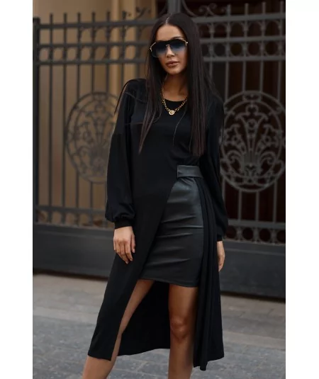 Viskózové šaty s prvkami z ekokože NU376 | čierna