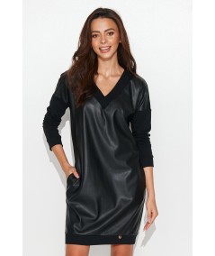 Šaty s koženými detailmi NU403 | čierna